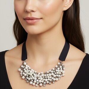 Abercrombie & Fitch Pearl & Rhinestone Bib Statement Ribbon Necklace
